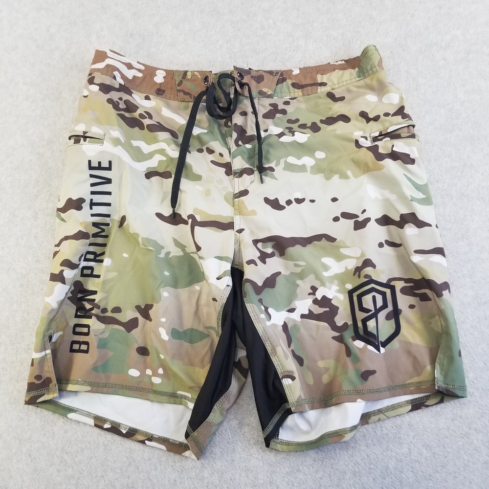Born Primitive Board Shorts Mens Size 37/38 Camo Polyester Spandex Athletic